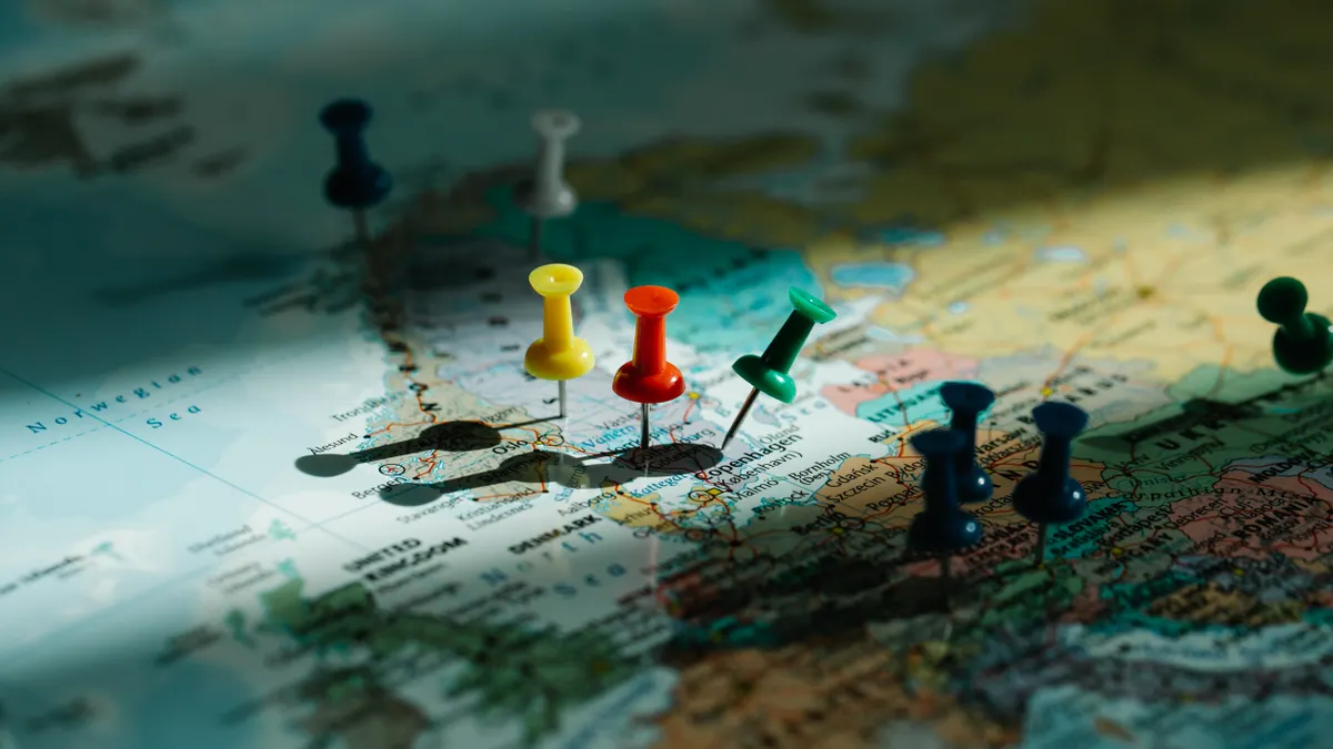 Colored map pins marking locations